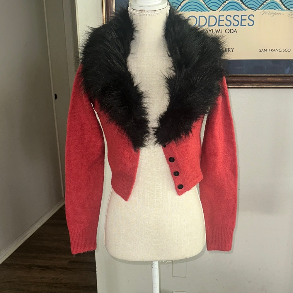 Delias Red Cardigan with Faux Fur Collar